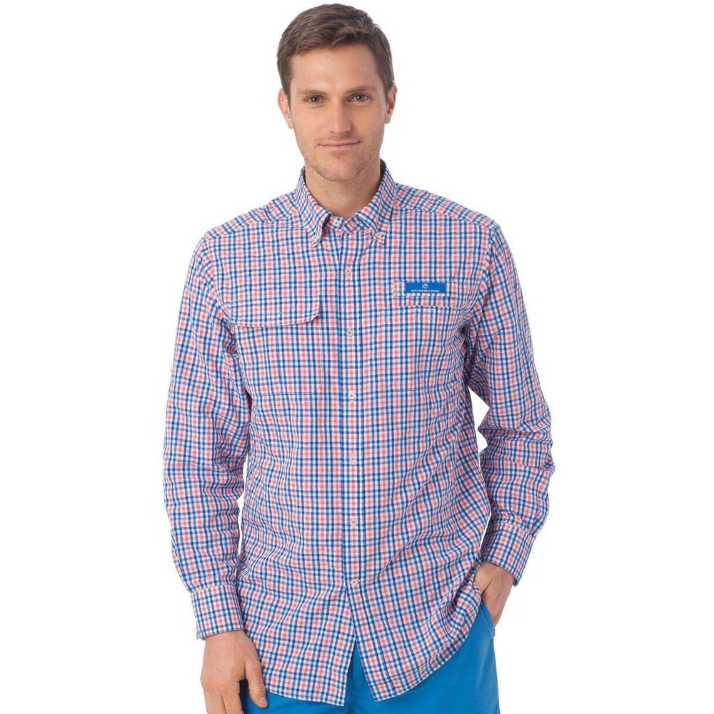 Southern Tide Mens XL Long Sleeve Gingham Performance Fishing Shirt pink  Blue